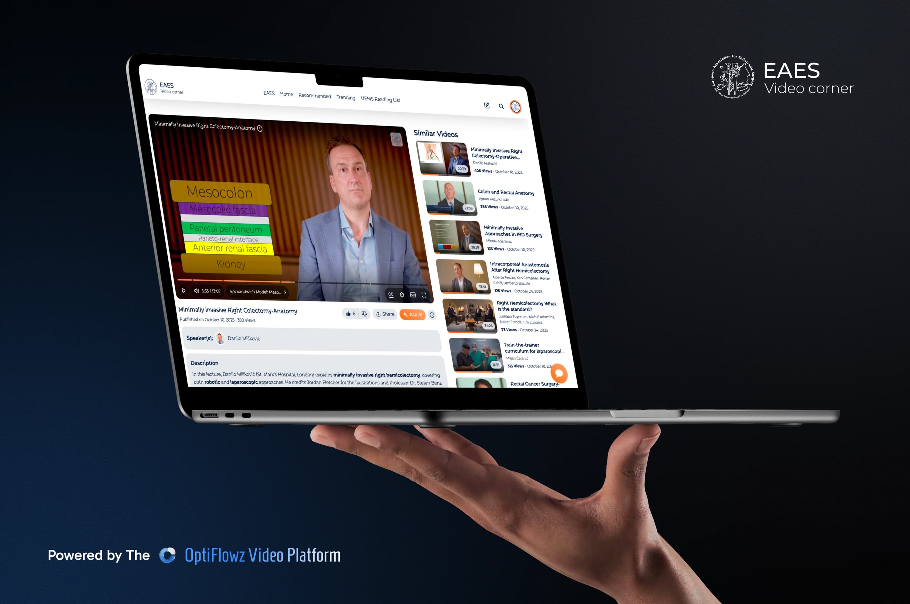 A custom OptiFlowz video platform shown on a laptop